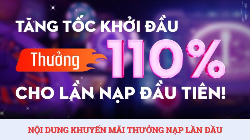 Khuyến mãi thưởng nạp lần đầu 110% cho thành viên mới có giá trị lên tới 18 triệu đồng.
